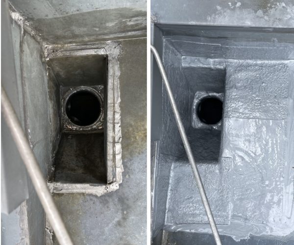 Reparatur eines defekten Kehlauslaufs mit Flüssigkunststoff